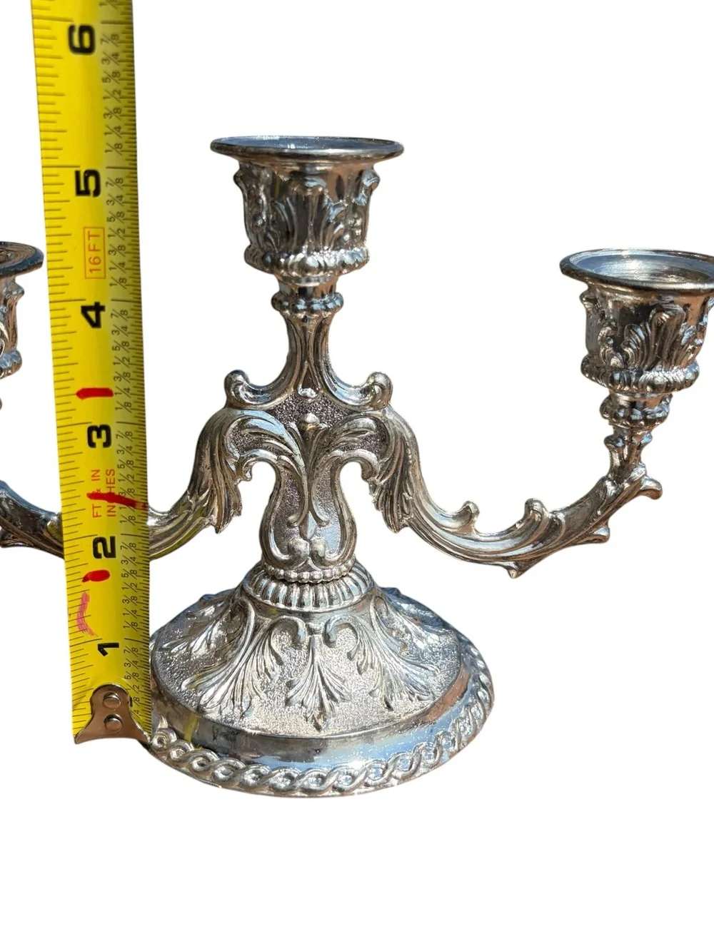 Ornate Silver Three-Arm Candelabra Decorative Centerpiece